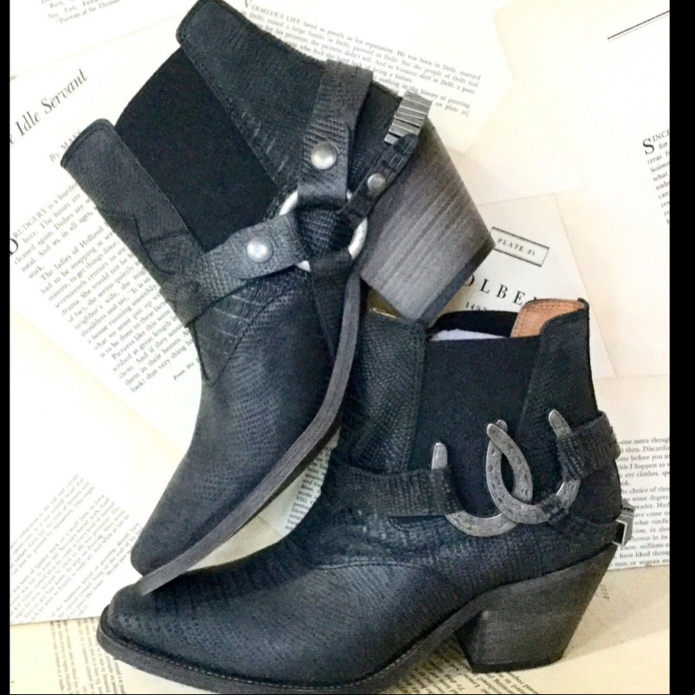 Free People black Leather Strap Western Ankle Boot